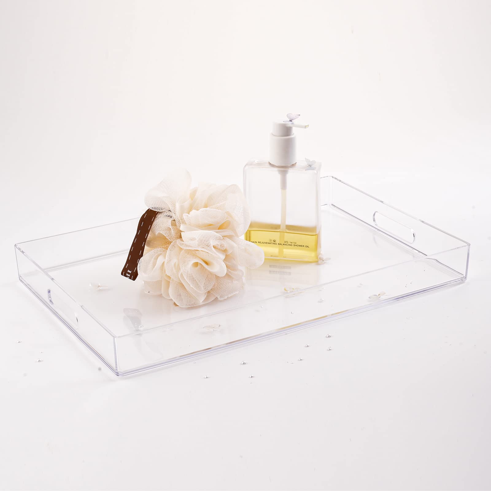 Maoname Clear Serving Tray With Handles, Plastic Clear Tray, Rectangle Decorative Tray For Coffee Table, Ottoman, Bathroom, Vani