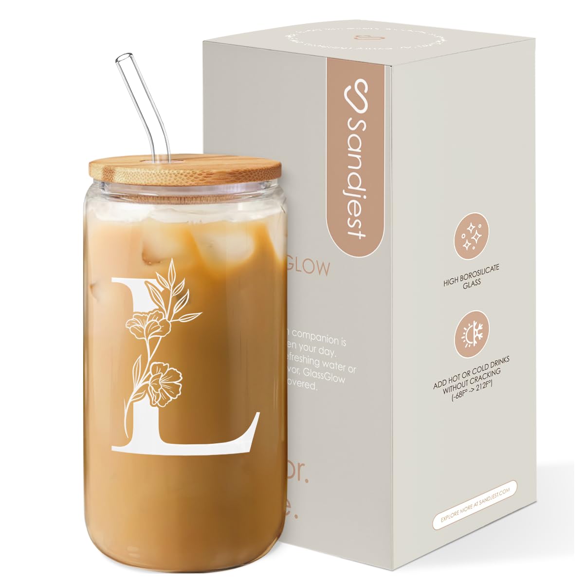 SANDJEST Monogrammed Gifts for Women - Monogram L Initial Glass Cup 16 Oz Can Coffee Cups with Lid and Straw - Monogram Initials