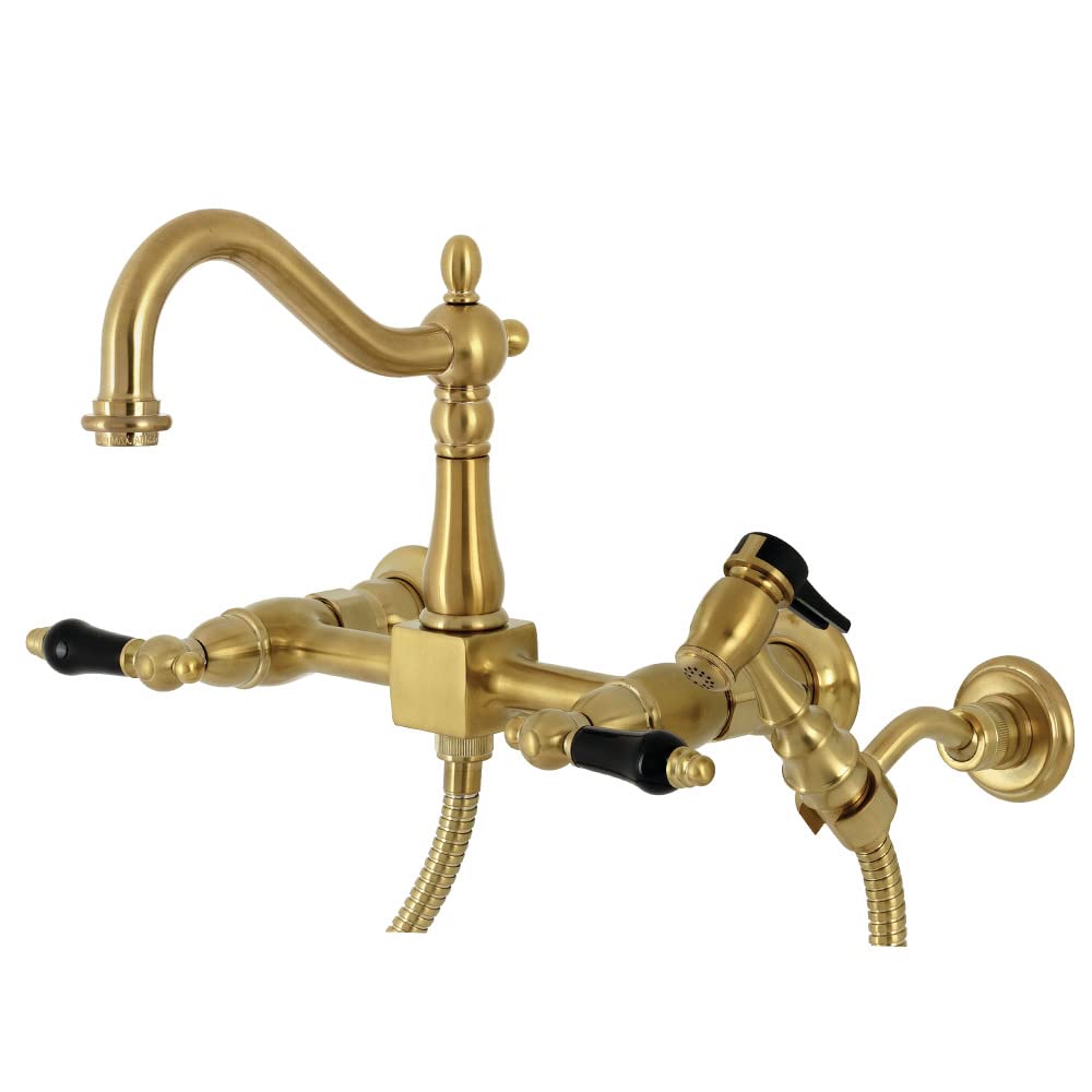 Kingston Brass KS1267PKLBS Duchess Wall Mount Bridge Kitchen Faucet with Brass Sprayer  Brushed Brass