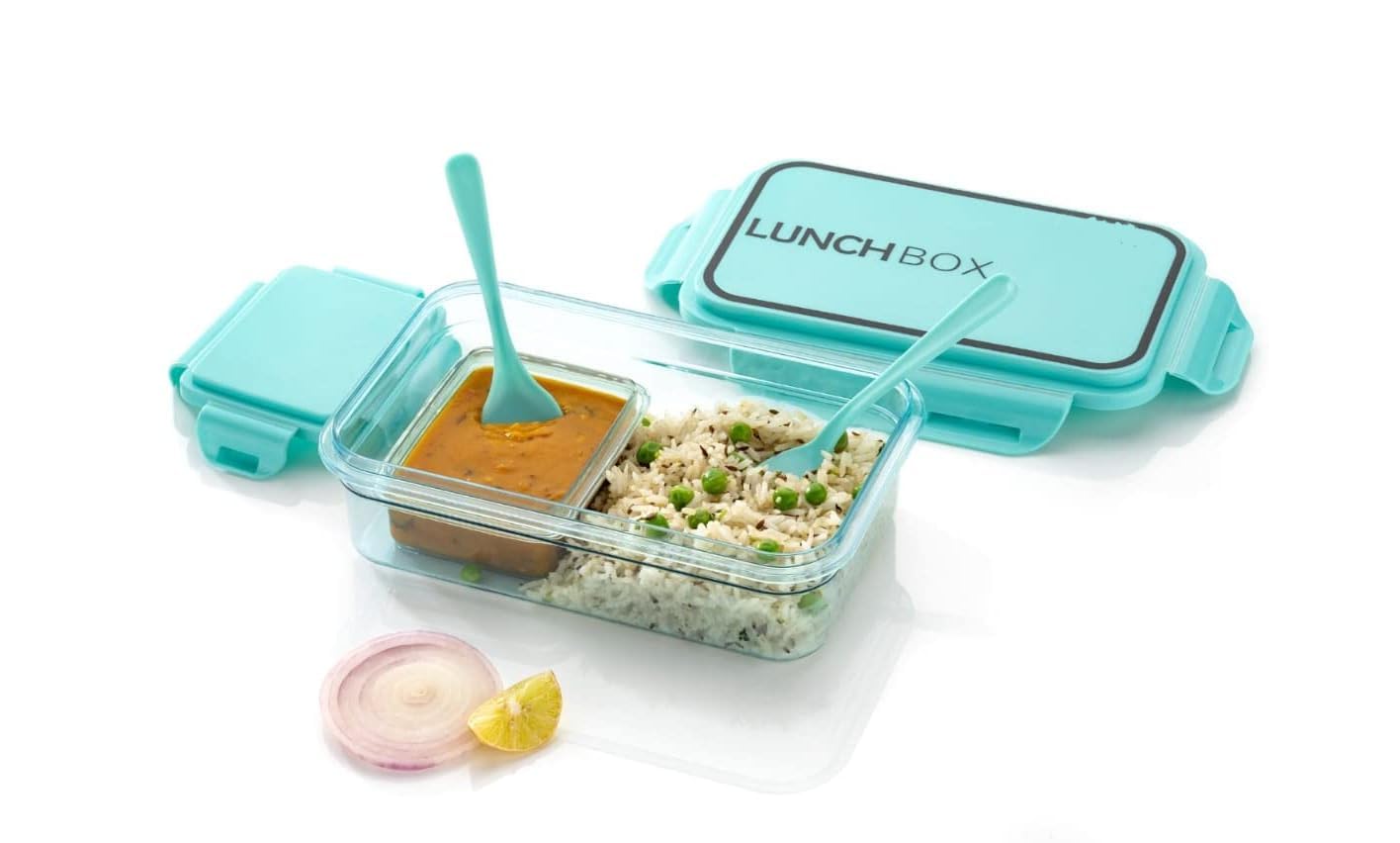 Red Champion Transparent Leakproof Lunch Box For Kids & Adults - Locking Lid Tiffin With Spoon & Fork, Food Container For School