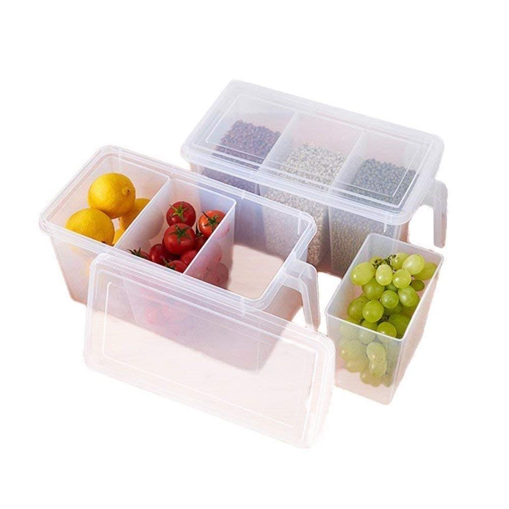 Gion Plastic Refrigerator Freezer Pantry Food Storage Organizer Basket Jar With 3 Bins Boxes And Lid Cover For Kitchen (1Set)