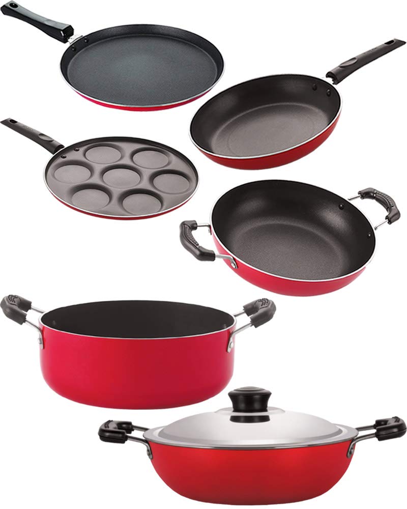 Nirlon Dishwasher Safe Non Stick Cookware Pots And Pans Set Of 6 Pieces (2.6Mm_Ft13_Kd12_Dkdm_Tp_Cass20_Up7)