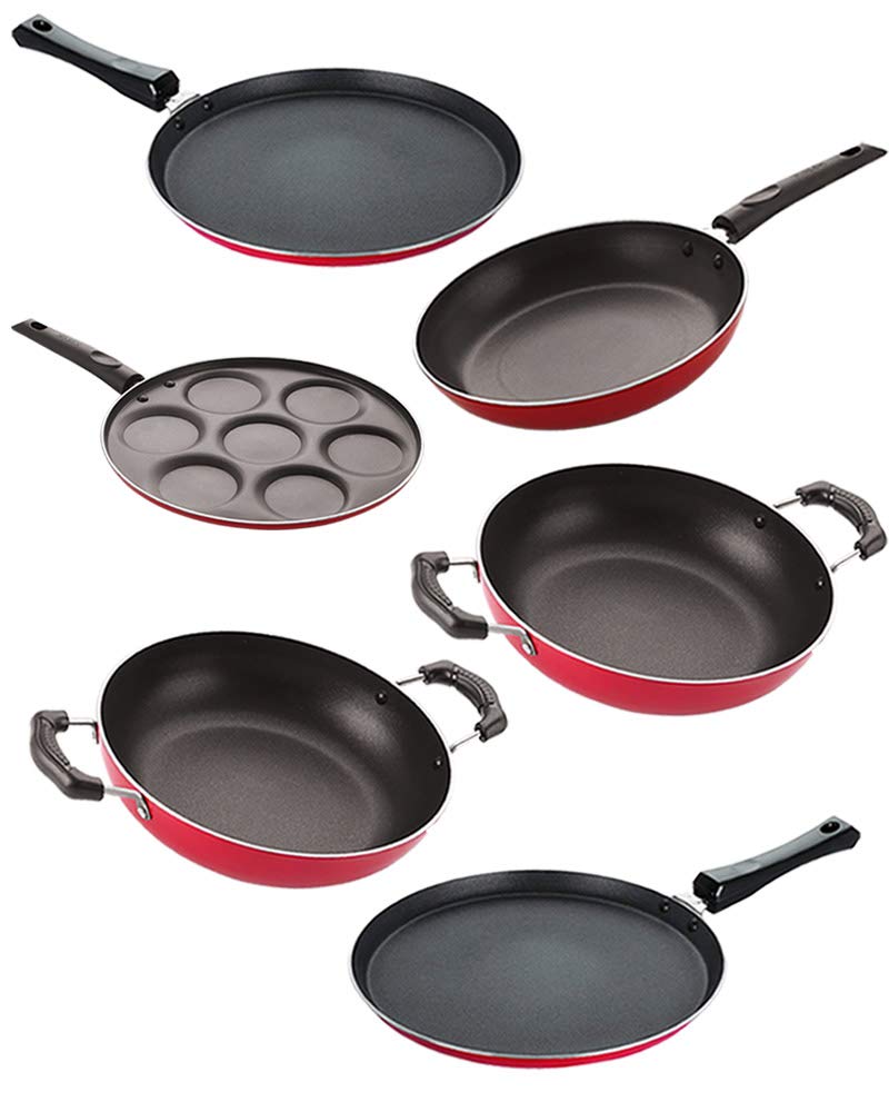 Nirlon NonStick Aluminium Heat Resistance Cookware Set Of 6 Pieces With Bakelite Handle(2.6Mm_Ft13_Kd12_Kd14_Tp_Ft10_Up7)