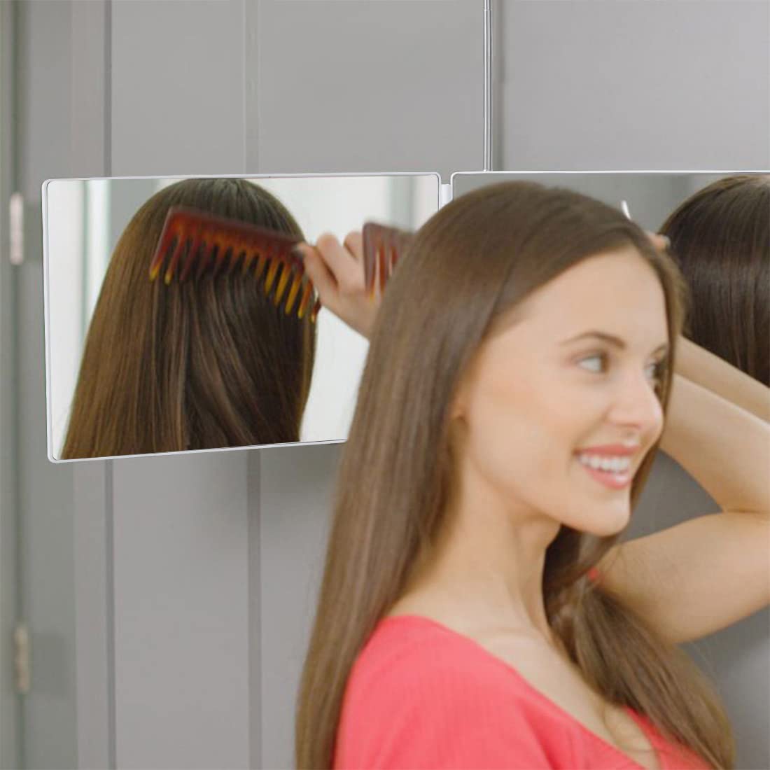Hieey 3 Way Mirror For Hair Cutting With Led,360 Trifold Mirror With Height Adjustable Telescoping Hooks,And 5X Magnification Mi