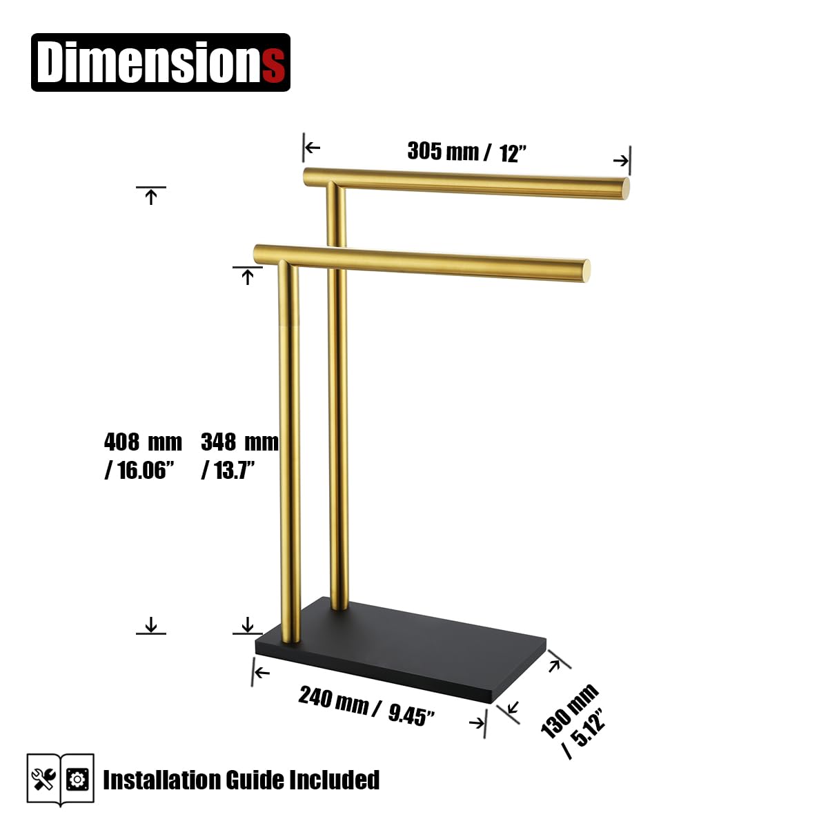 Jqk Hand Towel Holder Stand Brushed Gold, Modern Tree Rack Free Standing For Countertop With 12 Inch 2 Bars, 304 Stainless Steel