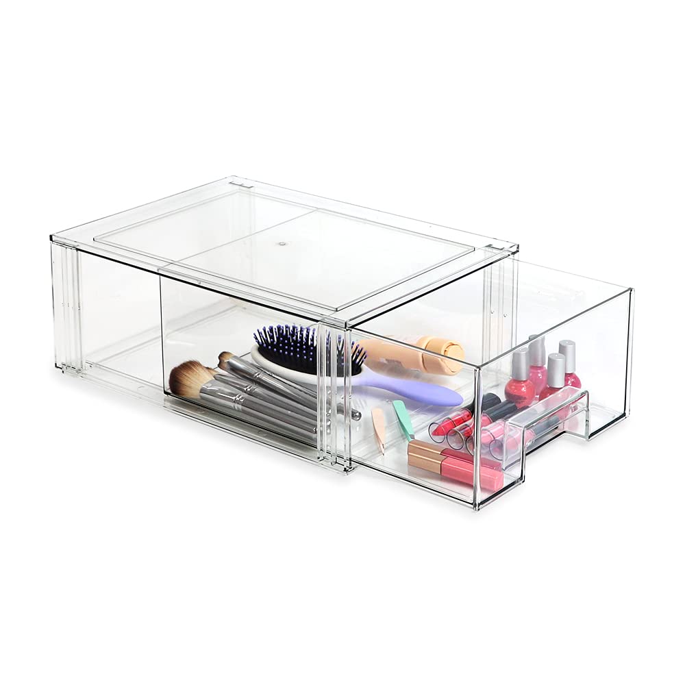Isaac Jacobs Large Stackable Organizer Drawer (13.5    X 9.9    X 5.4   ), Clear Plastic Storage Box, Pull-Out Bin, Home, Office