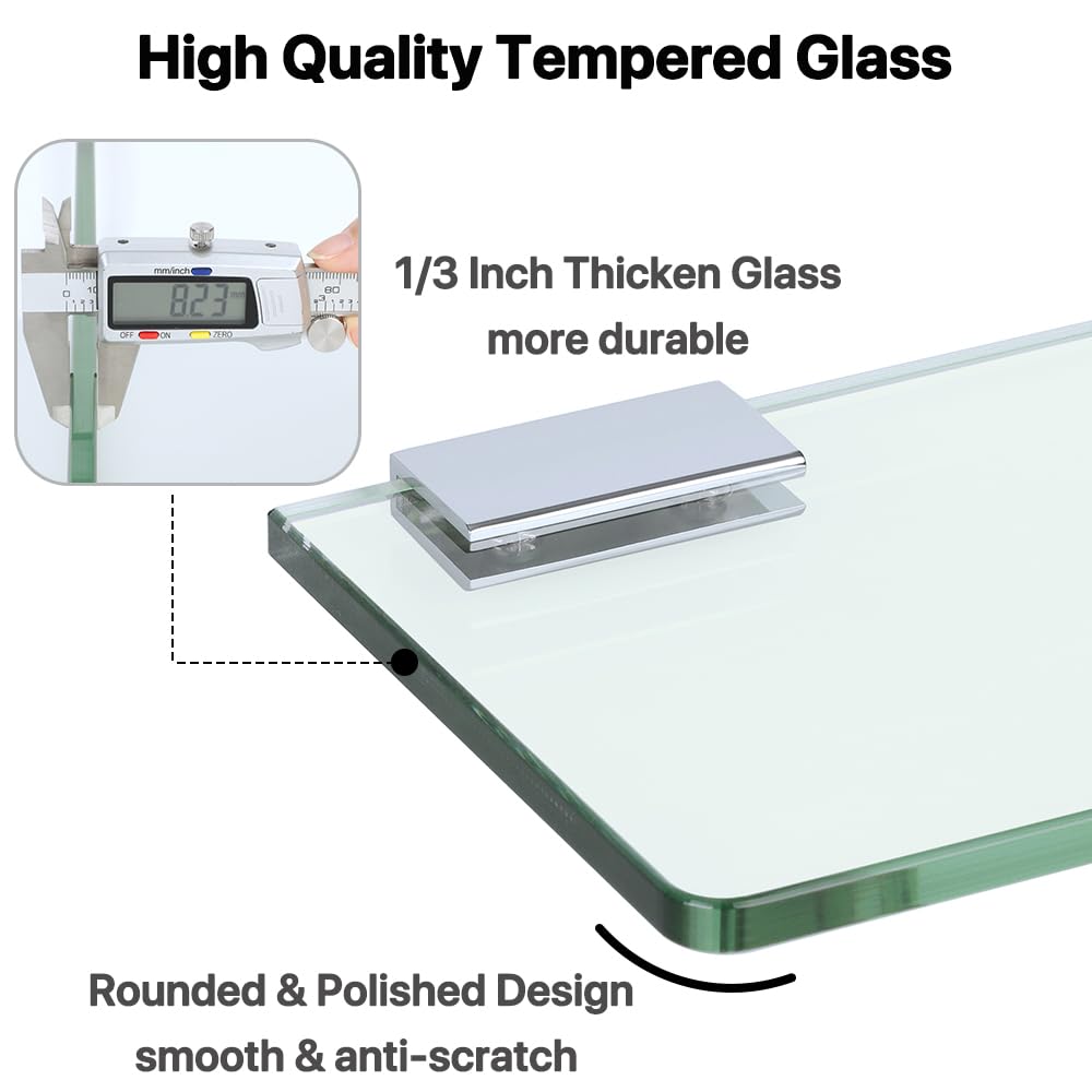 Sayayo Glass Shelf For Bathroom, 1/3 Inch Thicken Tempered Floating Glass Shelves 24 Inch With Stainless Steel Brackets, 1 Pack,