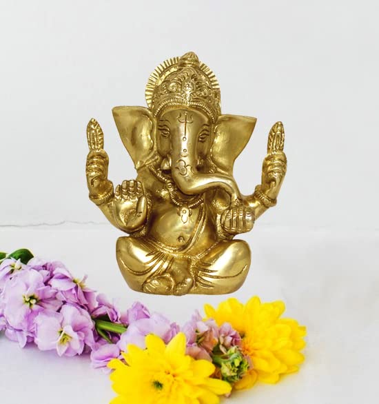 Racpree Brass Metal Statue Of Shri Ganesha Ganpati Murti For Home Entrance Decor Diwali Gift For Home & Office Yellow Size4.5