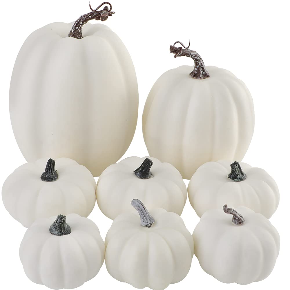 Artmag 8 Pcs Assorted Sizes Harvest White Artificial Pumpkins for Fall Halloween Thanksgiving Decorating Embellishing and Displa