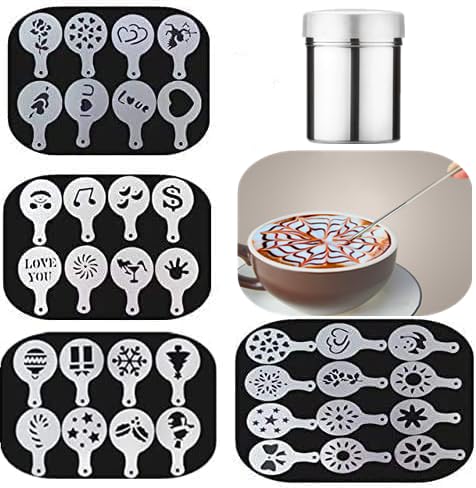 36 Coffee Decorating Stencils + 1 Stainless Steel Mesh Powder Shaker + 1 Coffee Latte Art Pen, Magnoloran Foam Latte Art Stencil