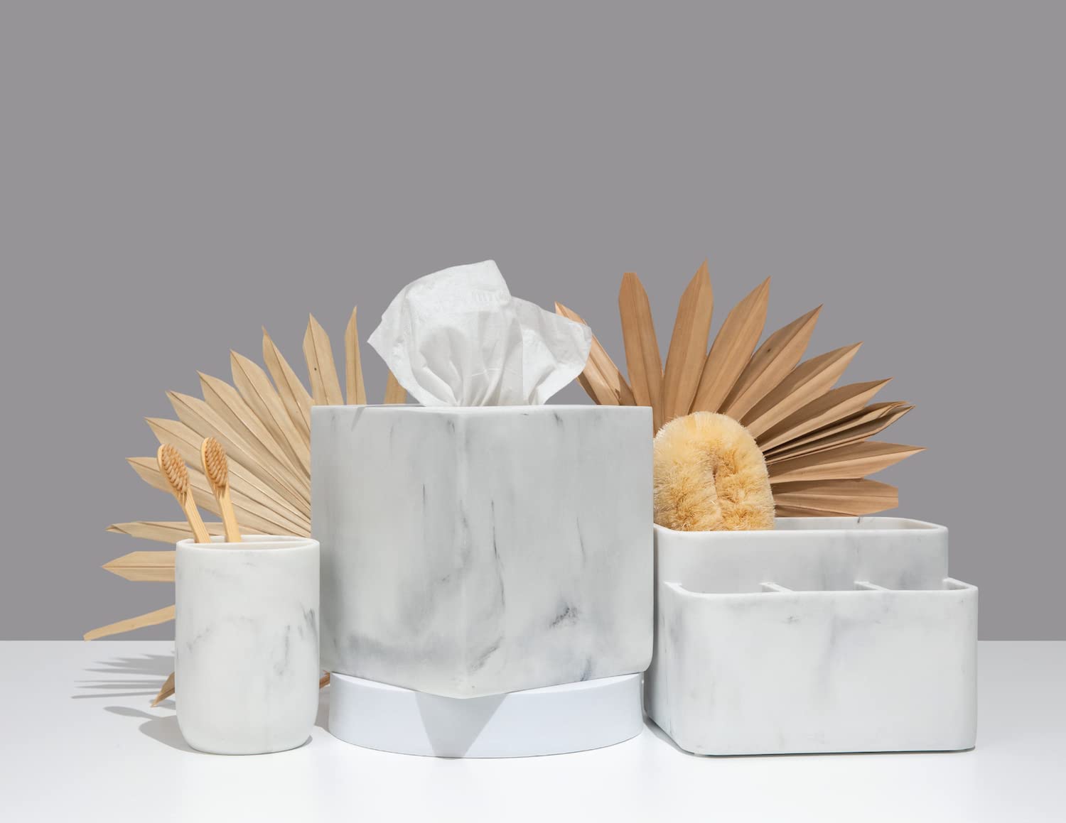 Essentra Home White Marble Toothbrush Holder | Small Toothbrush & Toothpaste Organizer | Blanc Collection