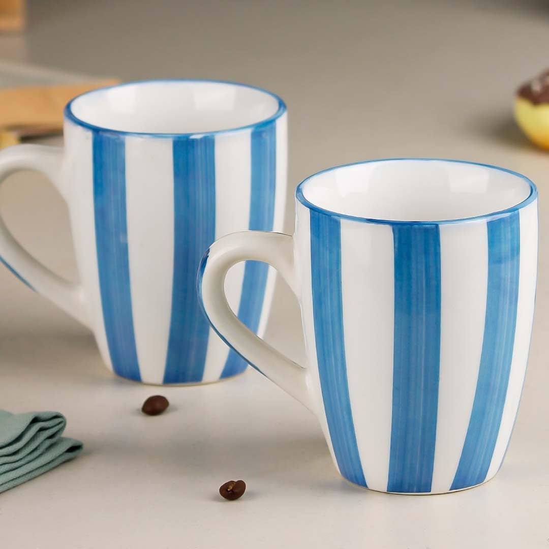 The Earth Store Sky Blue Stripe Ceramic Coffee Mug Set Of 2, 300 Ml Microwave And Dishwasher Safe Tea/Milk Mug For Gift, Ideal F