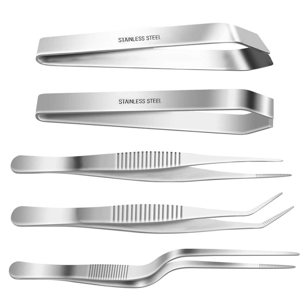 Selftek 5Pack Fish Bone Tweezers Set Stainless Steel Cooking Tweezers Precision Tongs Serrated Tips, Flat And Slant Fish Bone Pl
