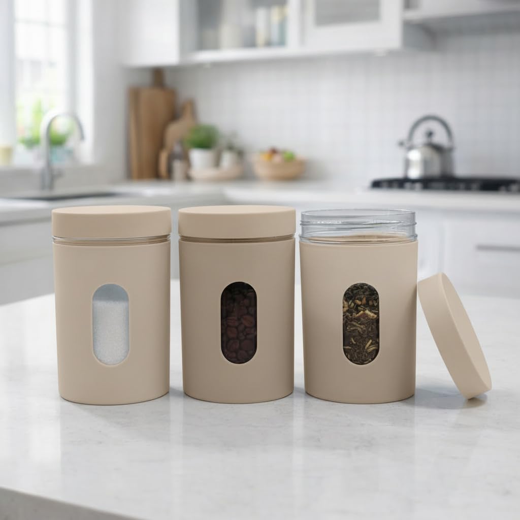 Stylex Store Pack Of 3  Off White | Tea Coffee Storage Container 750Ml With Airtight Lid Transparent Window Multipurpose Kitche