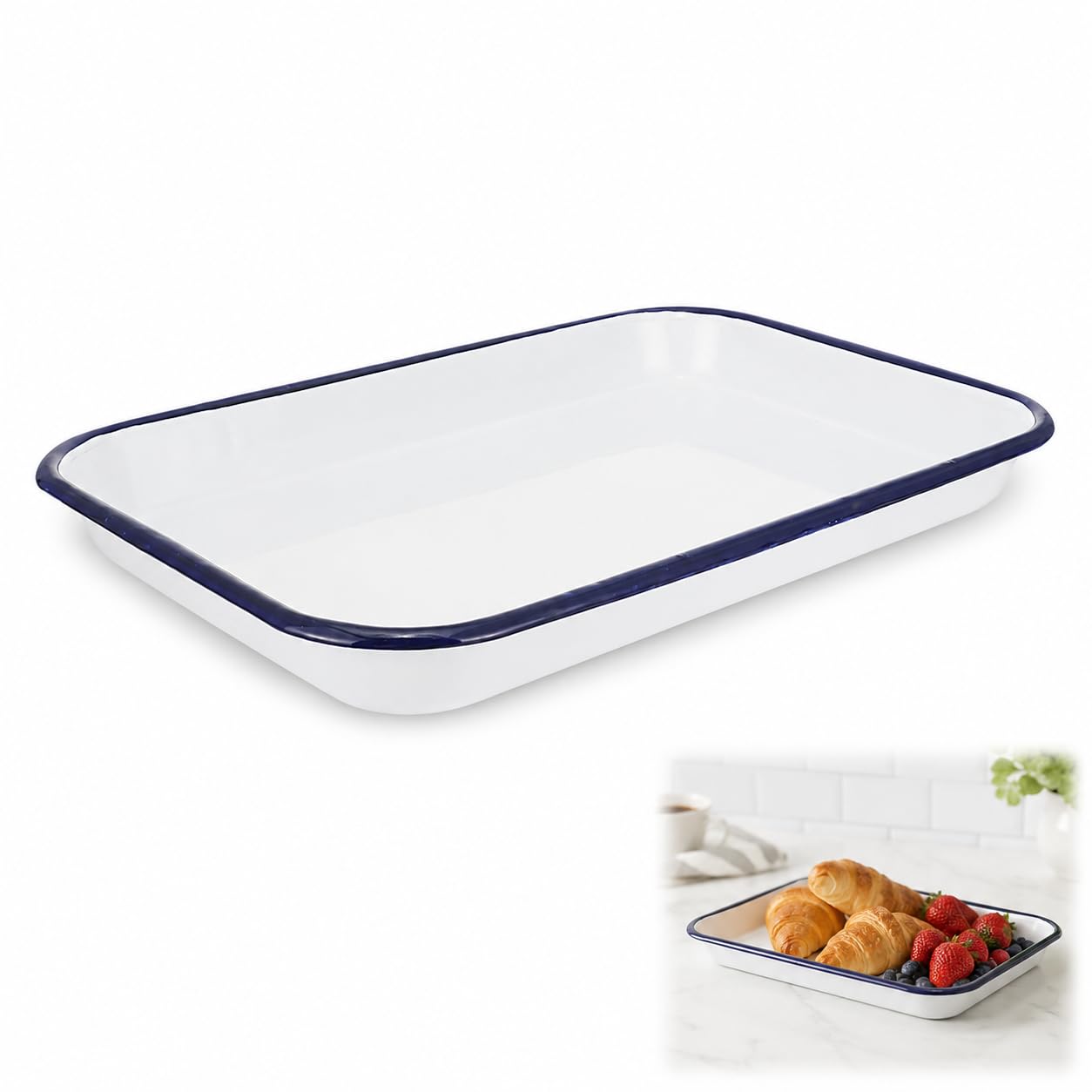 JECOMPRIS 4x10 Inch Enamel Baking Pan: White Rectangular Metal Serving Tray