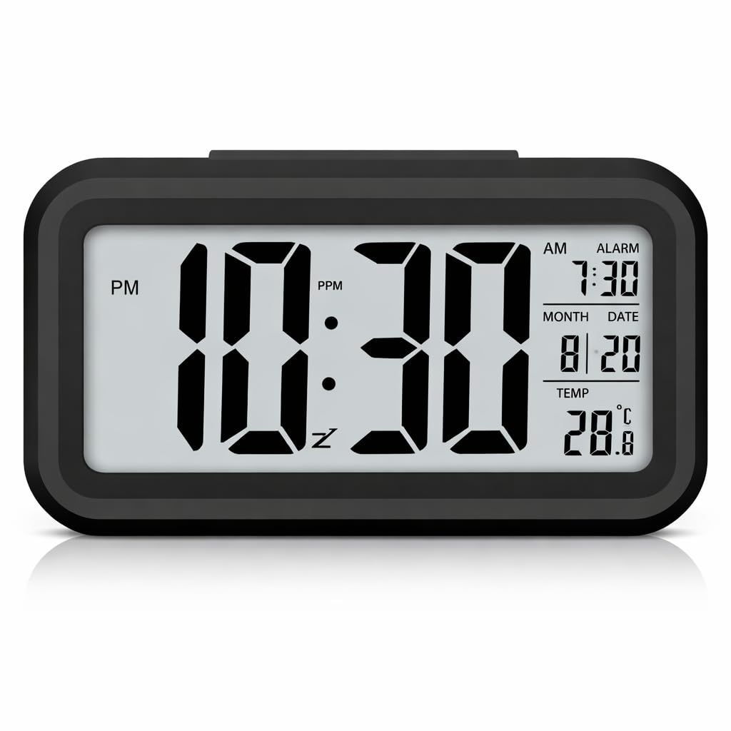 Auromin Digital Alarm Clock With Auto Sensor, Time, Date, Temperature Display & Silent Operations | Loud Alarm For Heavy Sleeper