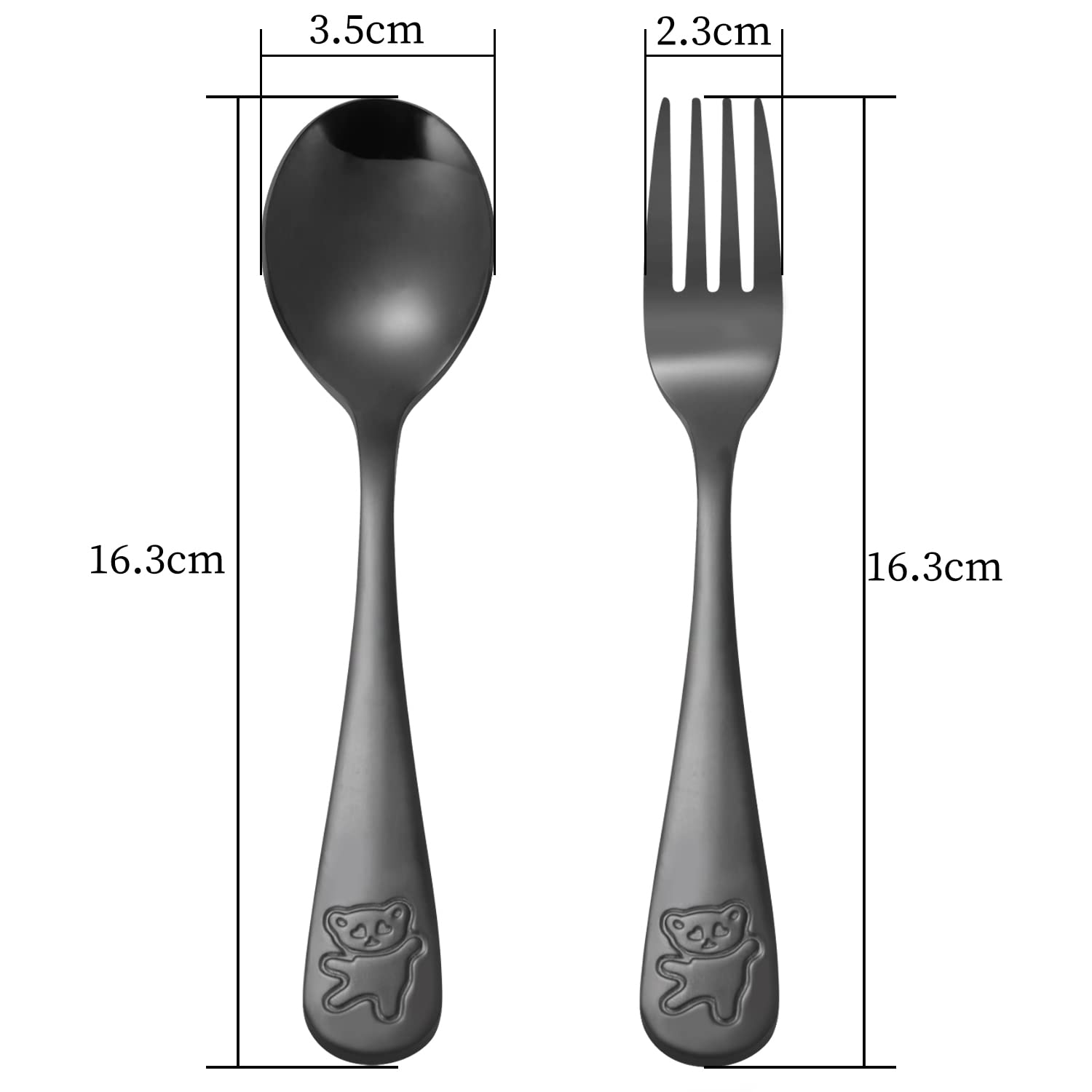 Pimoys Kids Silverware Set - 6 Pieces Stainless Steel Utensils, Engraved Bear, Black