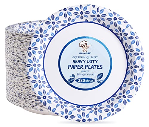 Jolly Chef 8.37 Inch Paper Plates 280 Count Soak Proof, Cut Proof, Microwave Safe Heavy Duty Printed Disposable Plate For Everyd