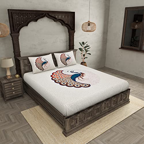Jaipurfabric 180 Tc 100% Cotton Bedsheet For Double Bed King Size With 2 Pillow Covers| Jaipuri Peacock Printed Bedsheet For Bed