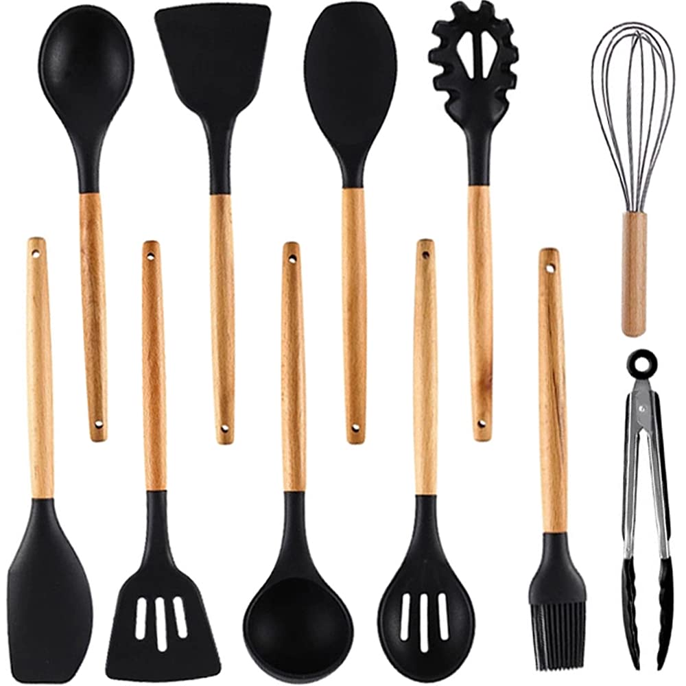 Silicone Cooking Utensils Set, 11 Pcs Black Silicone Cooking Utensils Set, Nonstick & 230C Heat Resistant Cooking Utensils With