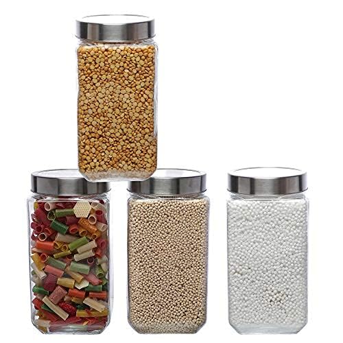 Simparte Glass Jar Barni 1600Ml Transparent Square Container Set Of 4 With Airtight Steel Lid For Pantry Storage Of Pasta, Pickl