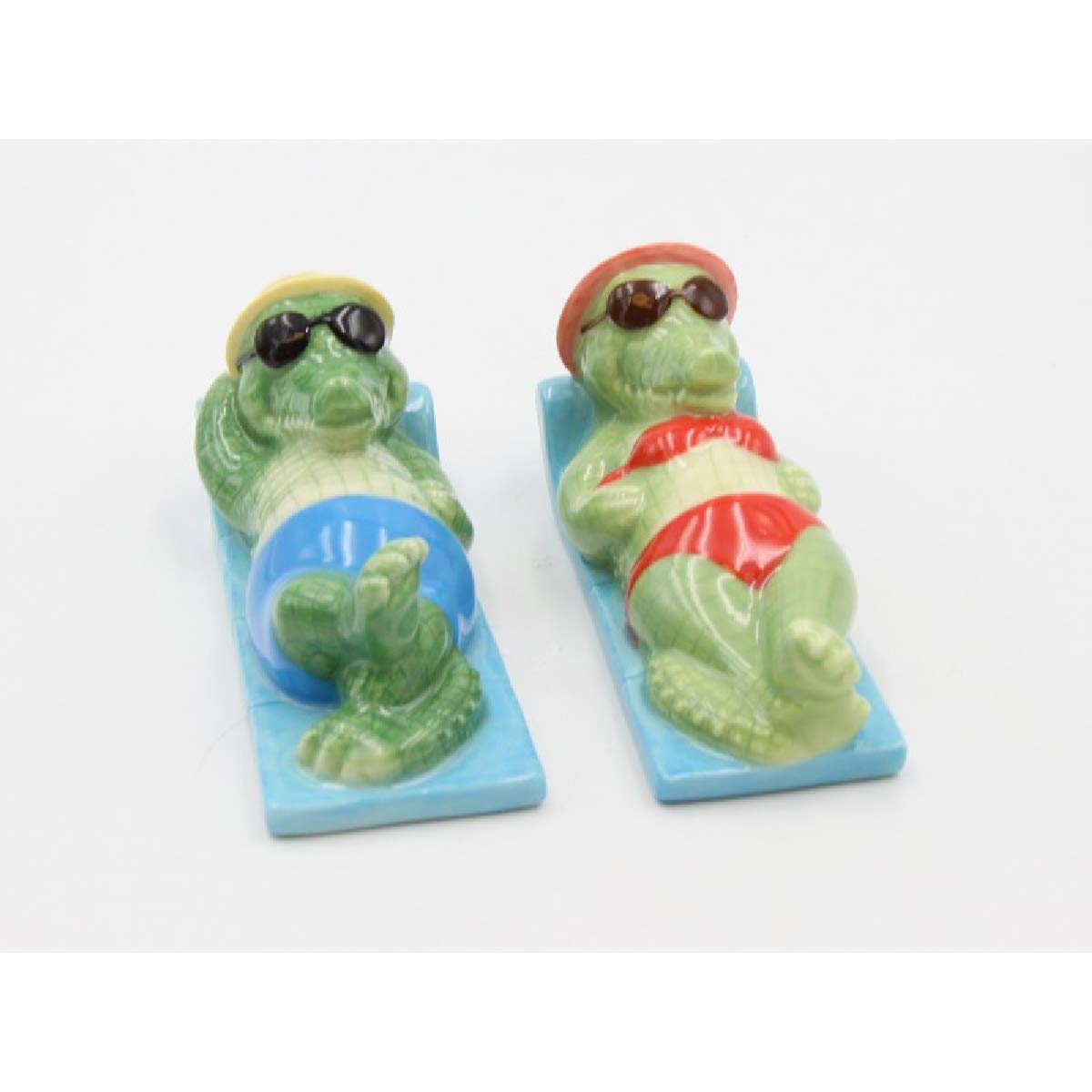 Cosmos Gifts 20787 Fine Porcelain Alligator in Swimming Suit Sun Tanning Salt and Pepper Shakers Set, 4 L