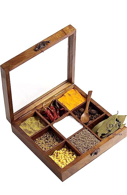 Union Artition Wooden Spice Box With 9 Partition & Spoon In Sheesham Wood/Table Top Masala Dabba, Namak Dani For Kitchen Accesso