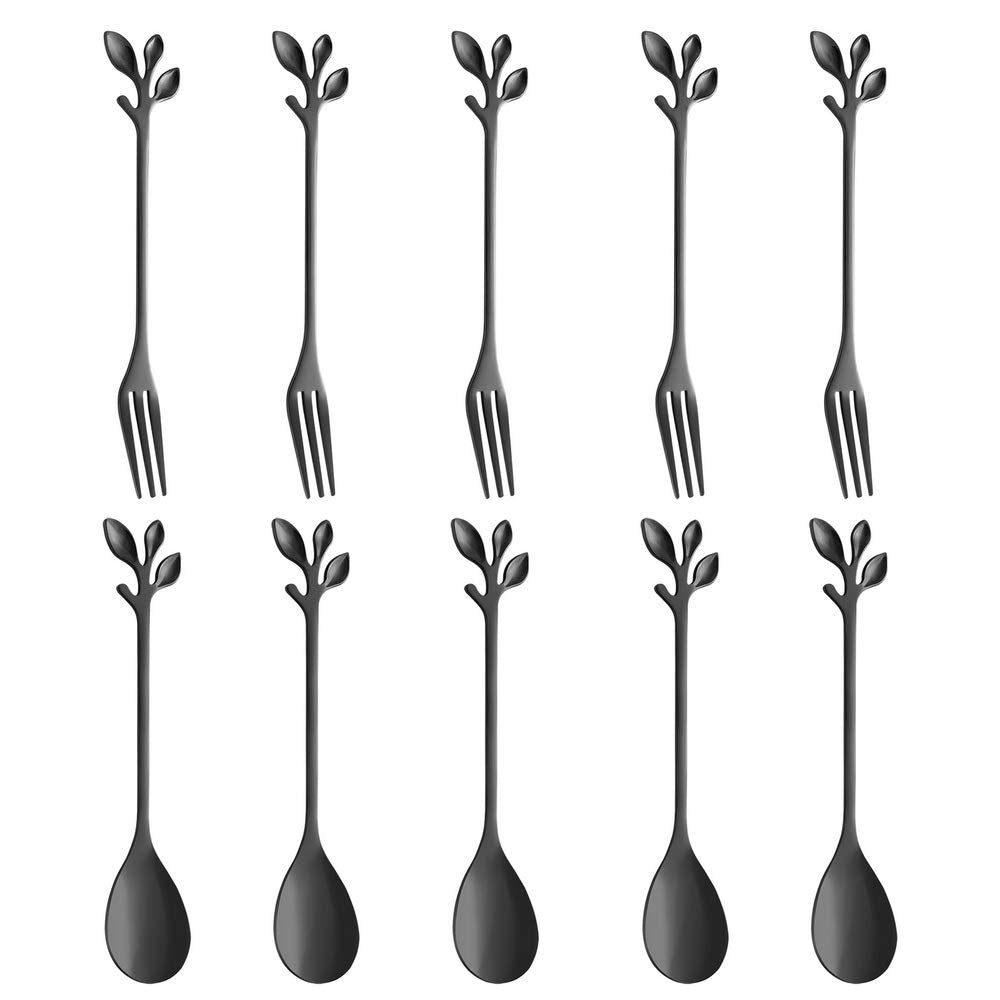 Stainless Steel Black Leaf Coffee Spoon Cake Fork-Ansaw 10 Pcs Creative Tableware Dessert Spoons, Stirring, Mixing, Sugar, Stir,