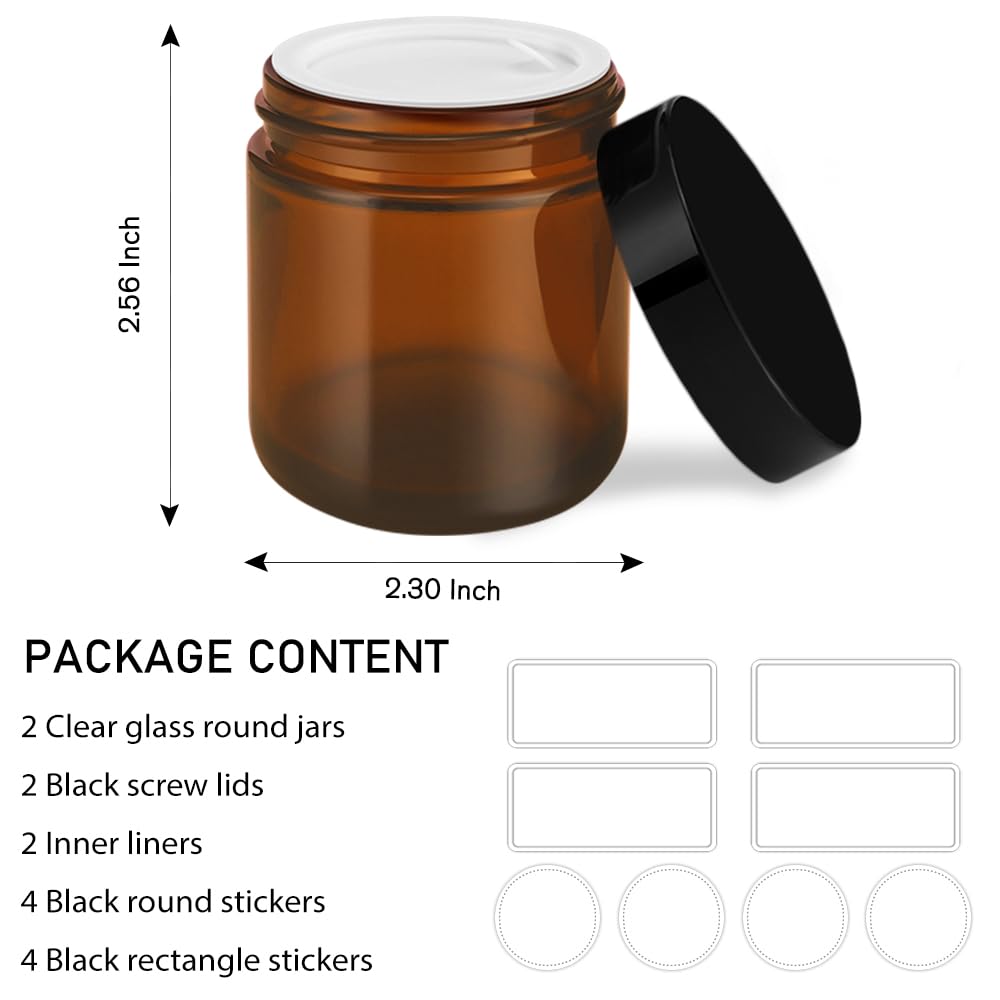 4 Oz Small Glass Containers With Black Lids, Tecohouse 2 Pack Amber Glass Jars & Inner Liners, Mini Travel Toiletries Container