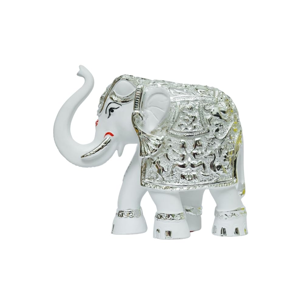 Aarya24Kt Elephant - White Silver (Trunk) Up - Medium | Silver Plated Vastu Decorative Showpiece | Good Luck Gift For Home, Offi