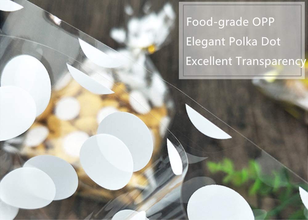 Joersh 8.1'' X 5'' Bottom Gusset Clear Plastic Cookie Bags With Ties 200 Pack, White Polka Dots Pattern Small Candy Bags Treat B