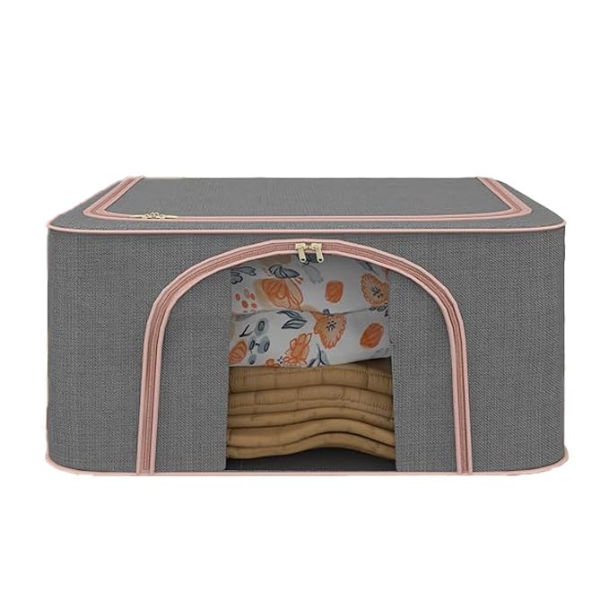 Kuber Industries 66 Liter Foldable Cloth Organizer For Storage With Steel Frames, Zip & Handles | See Through Saree Organiser Fo