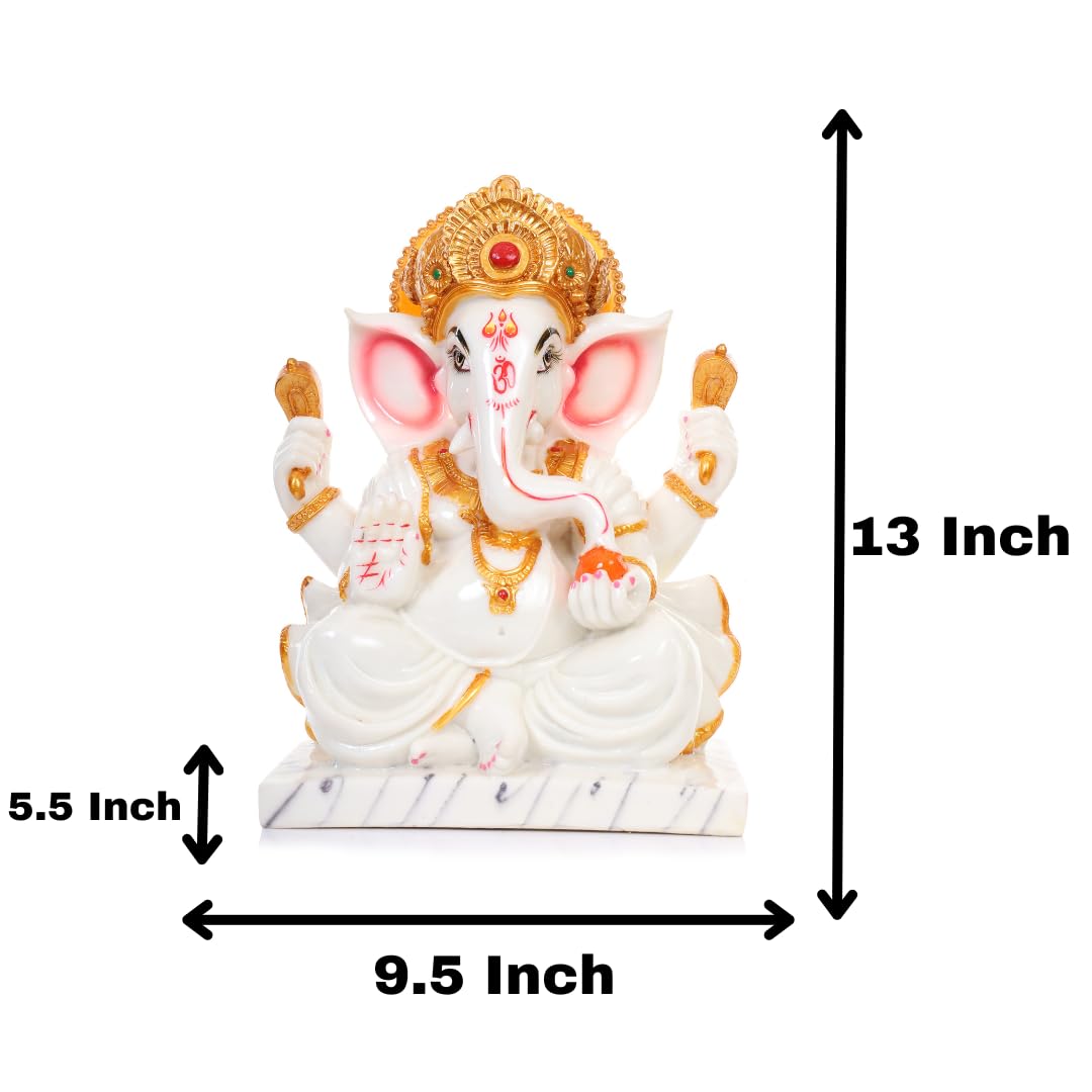 Rama Collections 13 Handicraft Marble Dust Ganesha Idol, Ganpati, Vinayak, White & Golden Color Ganesh Ji Ki Murti Statue/Idol F