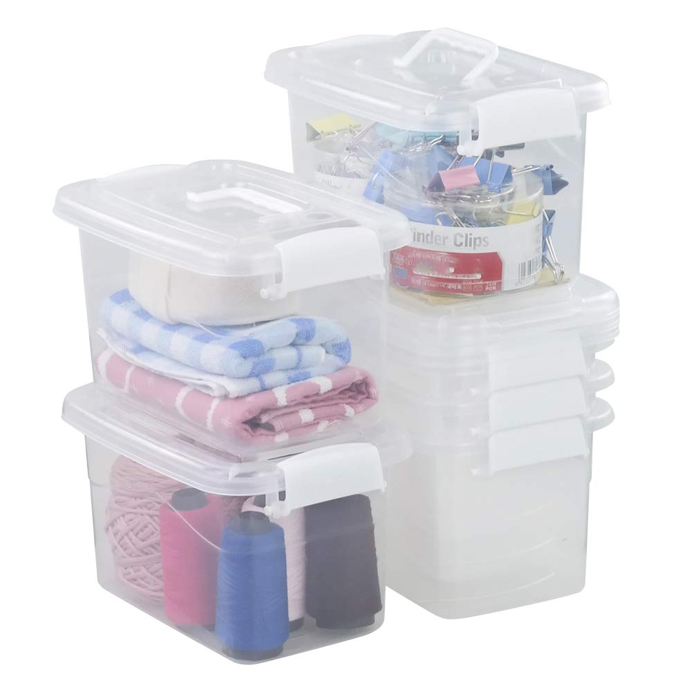 Minekkyes 6-Pack Home Storage Bins, Plastic Container, Latching Box With Handle (White Handle)