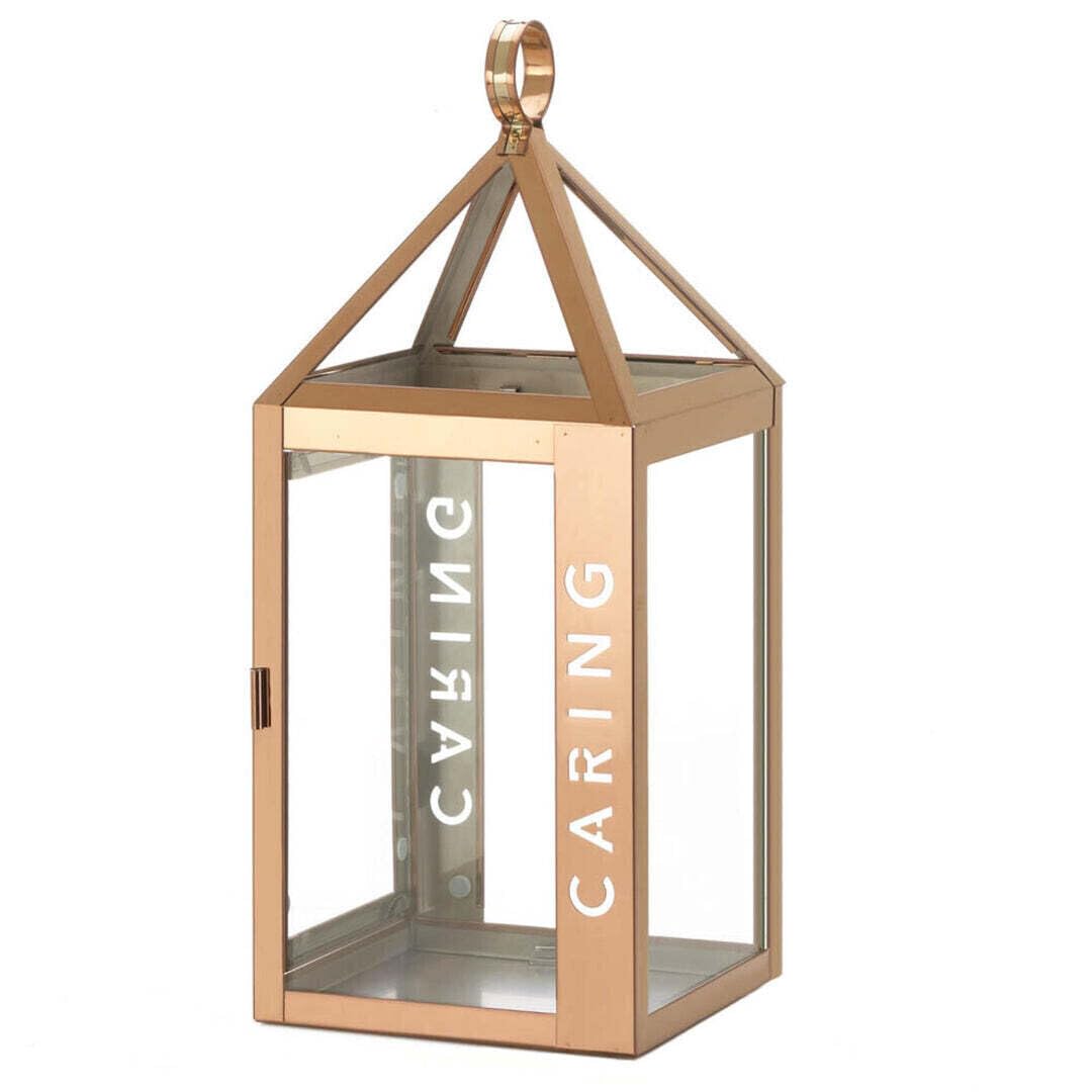 Zingz & Thingz Stainless Steel Caring Hanging Candle Lantern, Decorative Light Home Decor, 17.75 Tall, Rose Metal