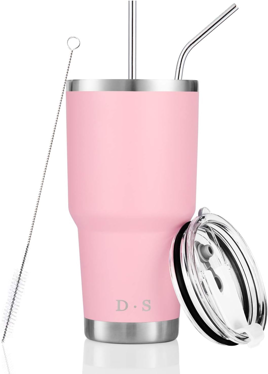 DS 30 oz Pink Tumbler Stainless Steel Double Wall Vacuum Insulated Mug with Straw and Lid, Cleaning Brush for Cold and Hot Bever