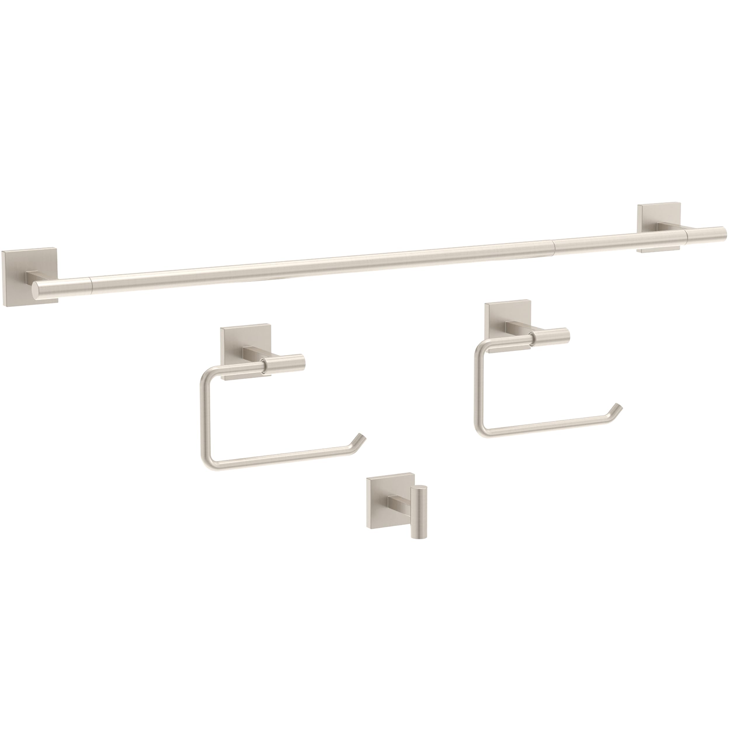Franklin Brass Nash (4-Pack) Bathroom Set Satin Nickel 18 Towel Bar w/ 6 Extender, Toilet Paper Holder, Hand Towel Holder, Hook 
