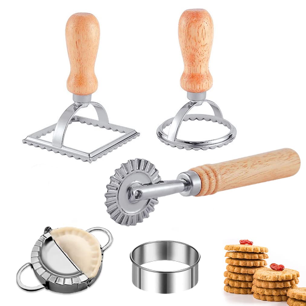 [14 Pieces Upgraded] Ravioli Pasta Cutter Wheel Set, Ravioli Maker Cutter with Roller Wheel with Wooden Handle, Pasta Press Whee