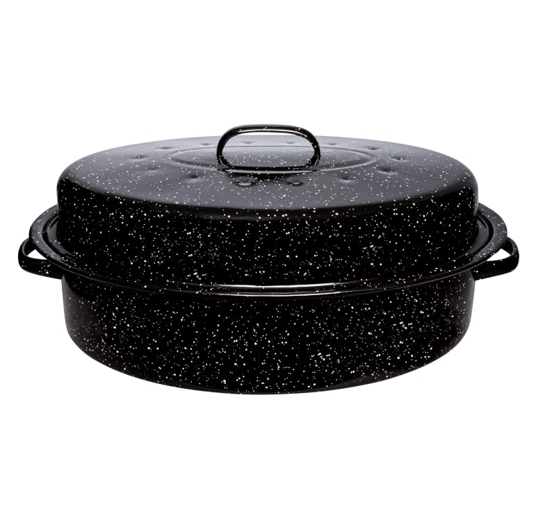 Millvado Roasting Pan With Lid, Thanksgiving Turkey Roaster Pan, Extra Large 20 Lb Capacity, 19'' Granite Oven Roaster Oval Shap
