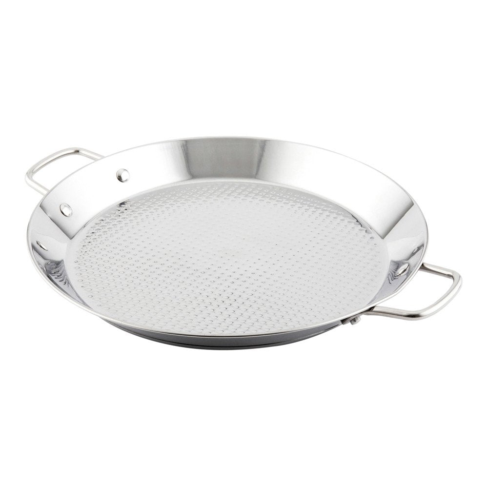 Restaurantware 13.5 Inch Spanish Paella Pan 1 Induction Ready Paella Pan - Heavy-Duty Riveted Handles Silver Stainless Steel Spa