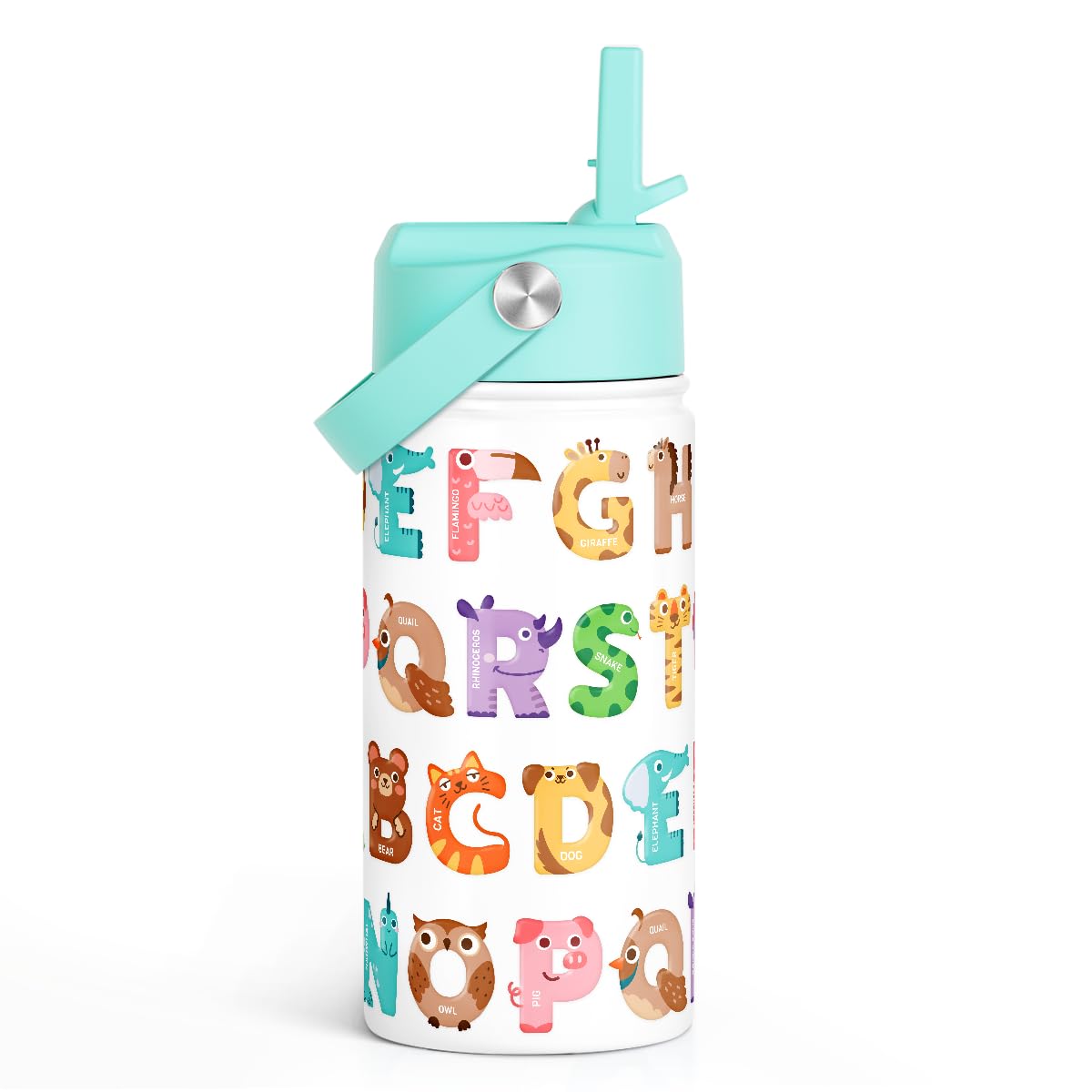 SANDJEST Alphabet Kids Water Bottle with Straw Lid 12oz Insulated Stainless Steel, Travel Tumbler, Animal Gifts for Boys Girls, 