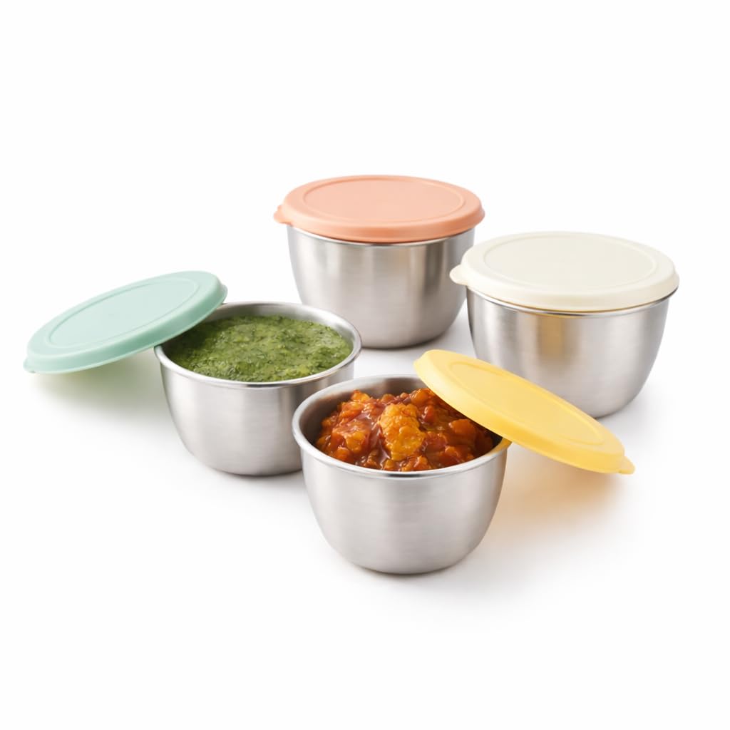 Marsion Stainless Steel Mini Storage Containers With Lid (Pack Of 4, 80 Ml) LeakProof Small Round Sauce & Chutney Cups For Kids