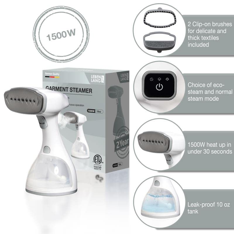Lebenlang - Clothes Steamer Handheld White| 1500W Quick Hand Steamer For Clothes | Plancha A Vapor Para Ropa | Fabric Hand Held