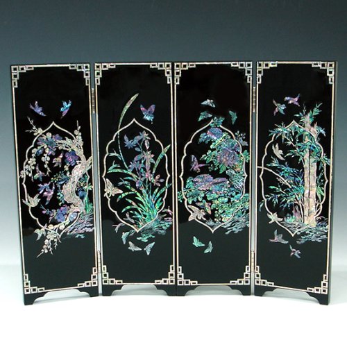 Mother of Pearl Inlay Art Orchid, Chrysanthemum, Bamboo and Plum Flower Design Decorative Black Wood Mini Folding Screen Wall Pl