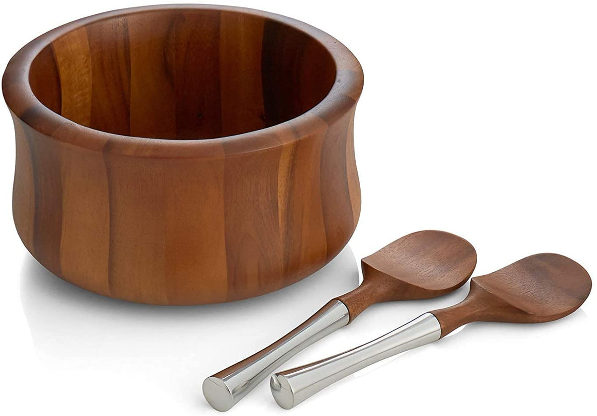Nambe - Nara Collection Natural Acacia Wood Salad Bowl And Servers With Nambe Alloy Handles (10.5'' X 5.5'')