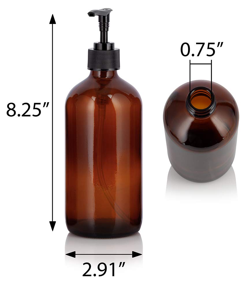 16 Oz Amber Glass Boston Round Bottle With Black Lotion Pump Dispenser (3 Pack)