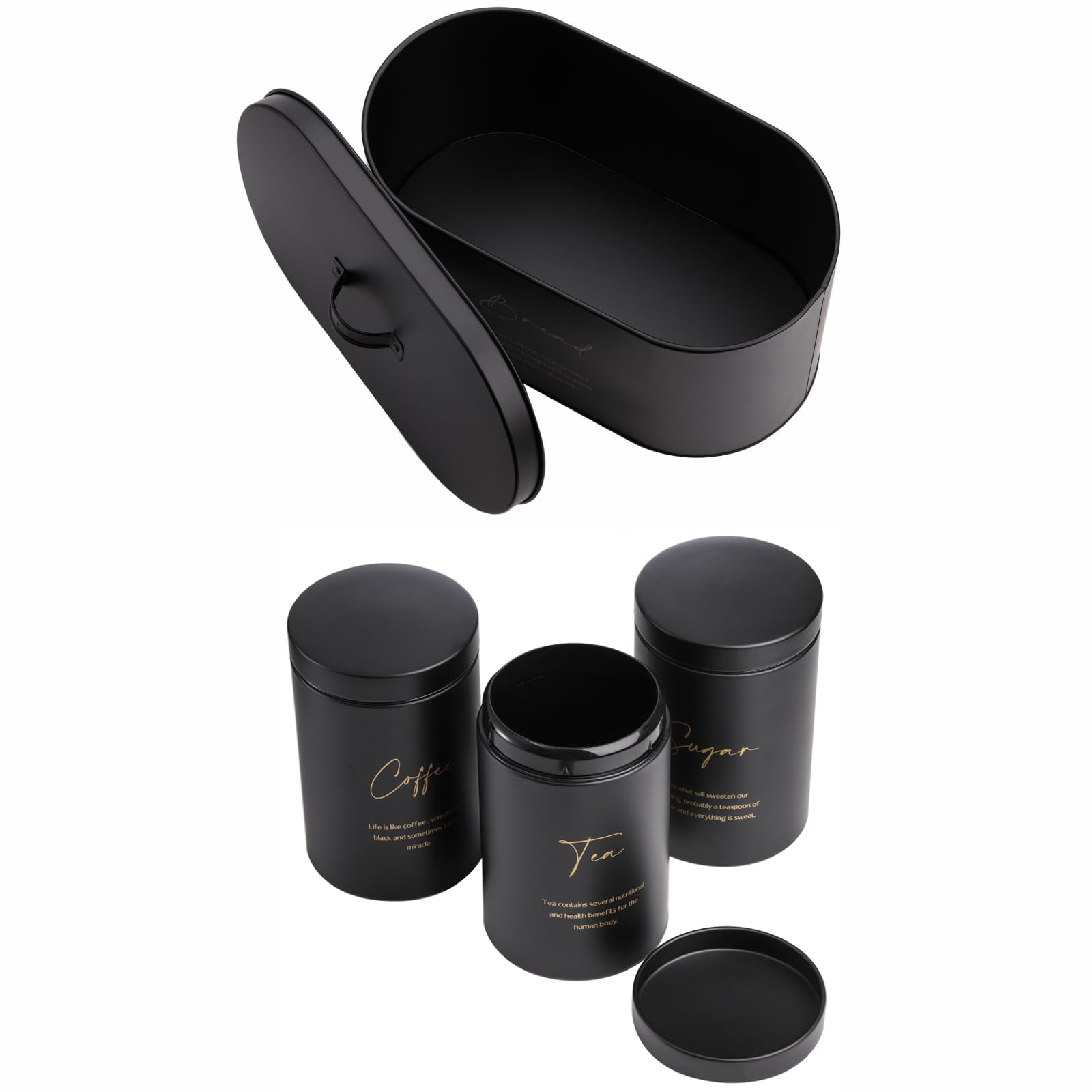 Hacaroa Set Of 4 Bread Box And Canister Set For Kitchen Countertop, Metal Bread Bin Sugar Tea Coffee Storage Canister With Lid,