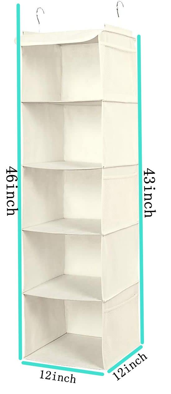 BrilliantJo 5 Shelves Hanging Closet Organizer  2 Pack Hanging Storage with 6 Side Pockets for Clothes Shoes  42.5''x11.8''x11.8''(Beige)