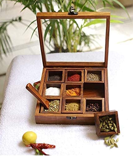 Digsmorden Spice Box With Spoon In Sheesham Wood  Spice Box For Kitchen Indian Wood Container With Lid Decorative Masala Dabba 