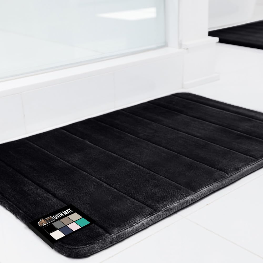 Gorilla Grip Memory Foam Bath Rug  Thick Soft Striped Bathroom Mat  Absorbent Decorative Mats  Machine Washable  Durable Backing  Luxurious Comfortable Rugs for Shower and Tub Floor  24x17  Black